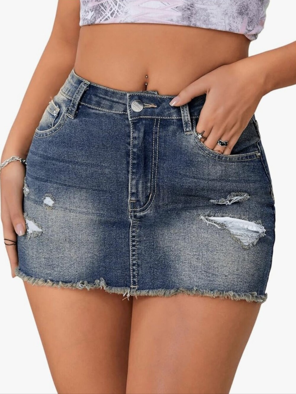 Women's Casual Ripped Jean Skirt Low Waist Raw Hem Mini Denim Skirts